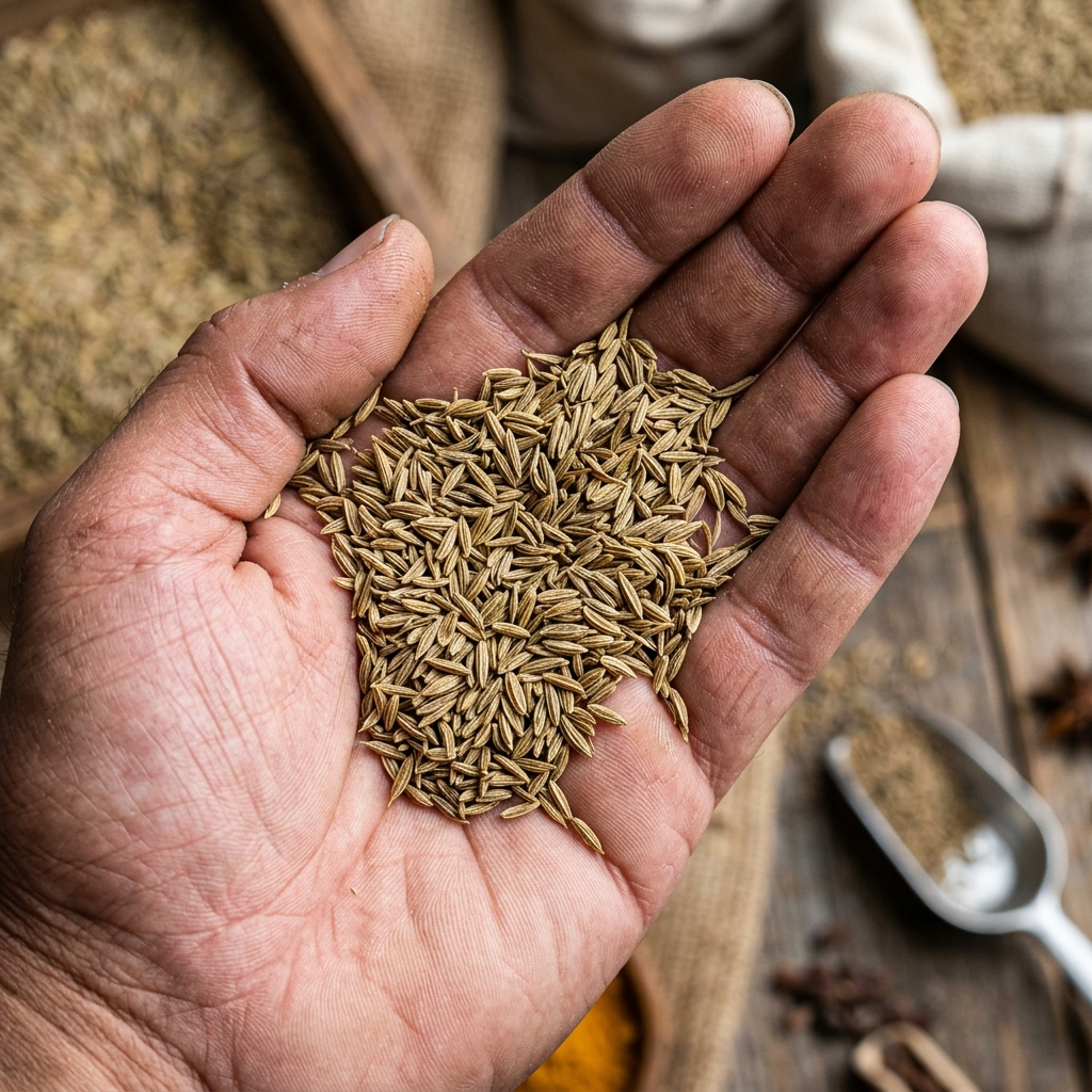 Bold Sortex-cleaned whole cumin seeds inspected in-hand for oil density